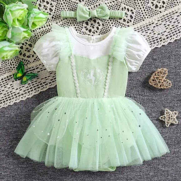 Tinker Bell Fairy Baby Girls Tutu Jumpsuit Headband Costume Halloween - Picture 1 of 6